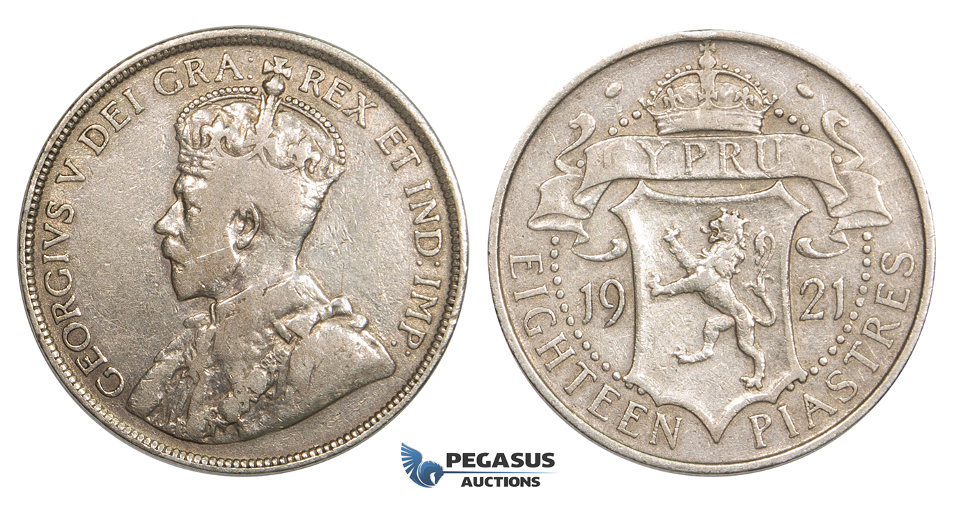 ZM737, Cyprus, George V, 18 Piastres 1921, Silver, aVF