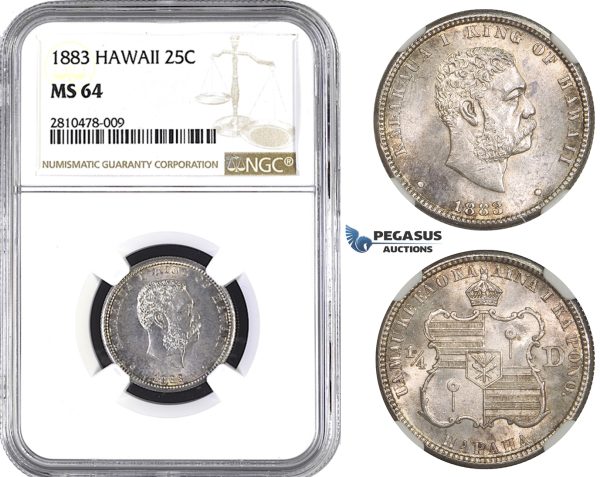 ZM750, Hawaii, Kalakaua I, 1/4 Dollar (25C) 1883, Silver, NGC MS64