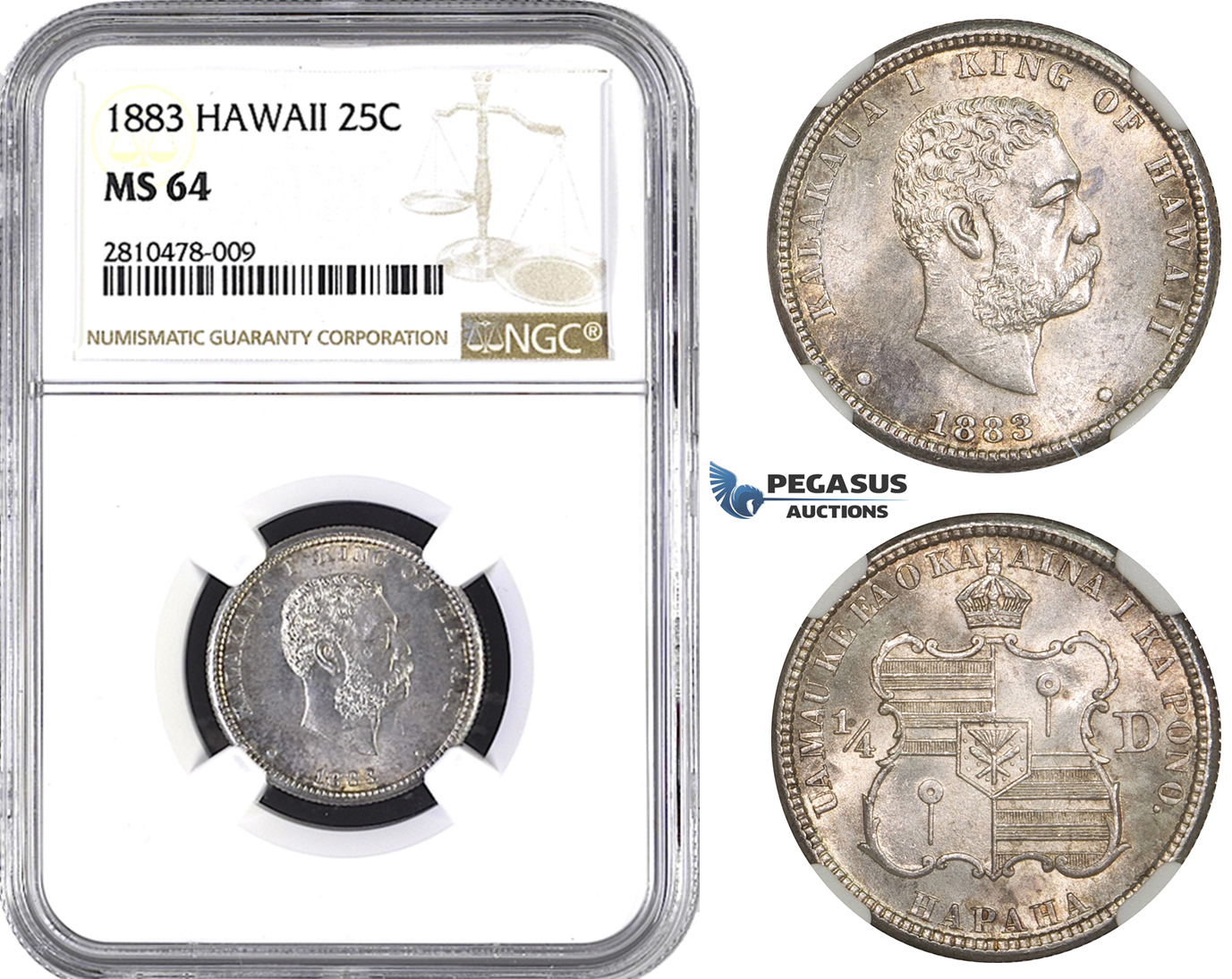 ZM750, Hawaii, Kalakaua I, 1/4 Dollar (25C) 1883, Silver, NGC MS64