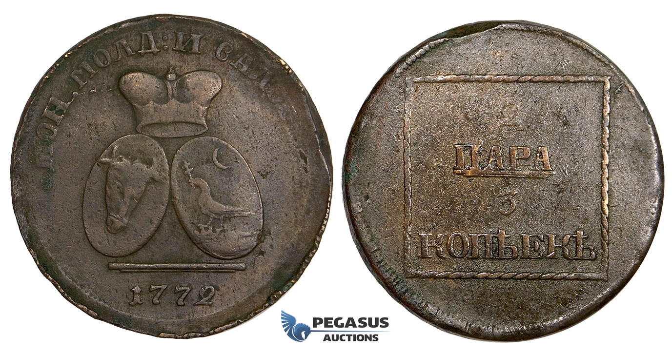 ZM751, Moldavia & Wallachia, 2 Para/3 Kopeks 1772, Copper (from Turkish canons) Brown VF