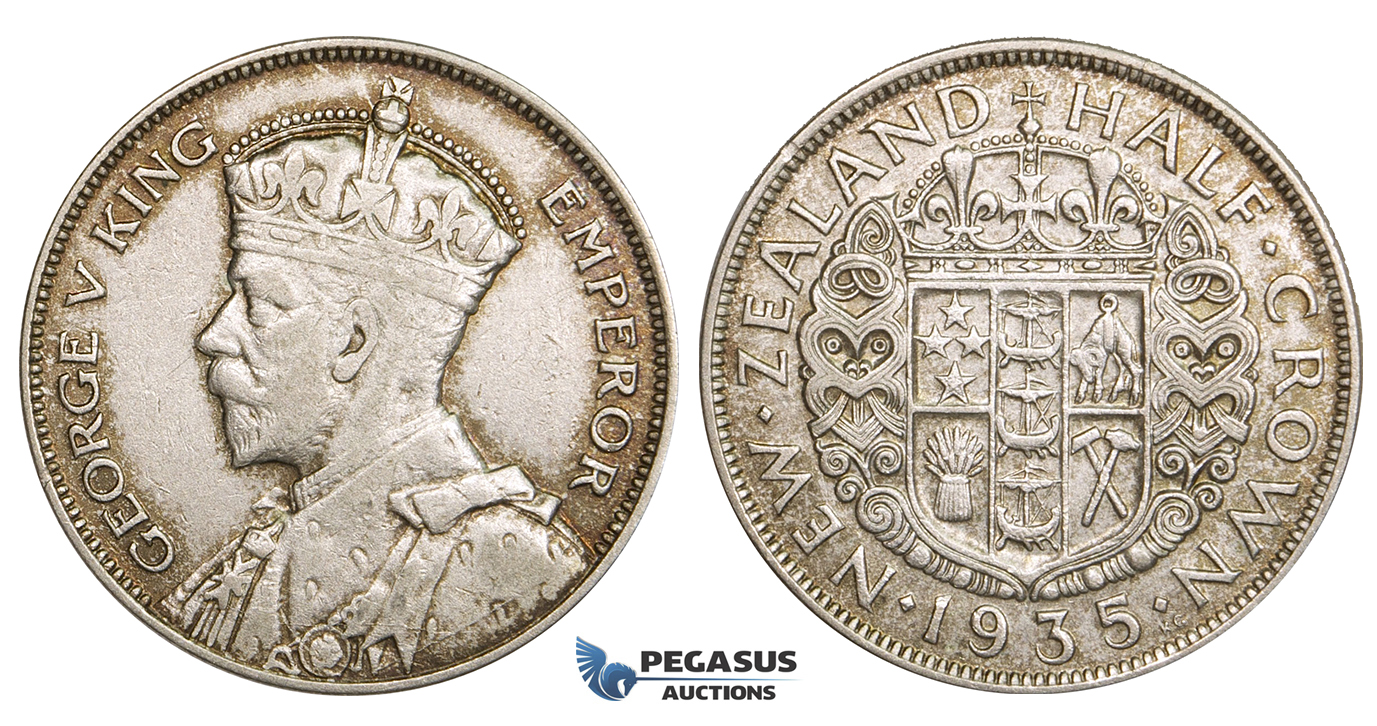 ZM753, New Zealand, George V, 1/2 Crown 1935, Silver, Toned XF