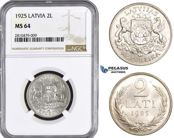ZM754, Latvia, 2 Lati 1925, Silver, NGC MS64