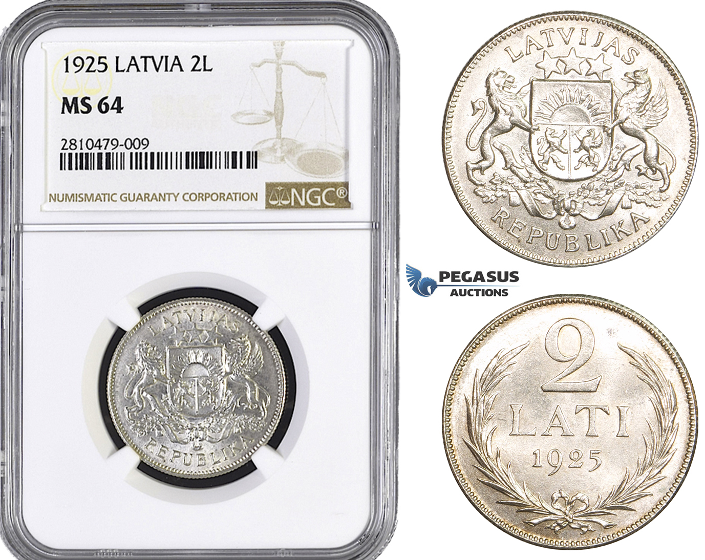 ZM754, Latvia, 2 Lati 1925, Silver, NGC MS64