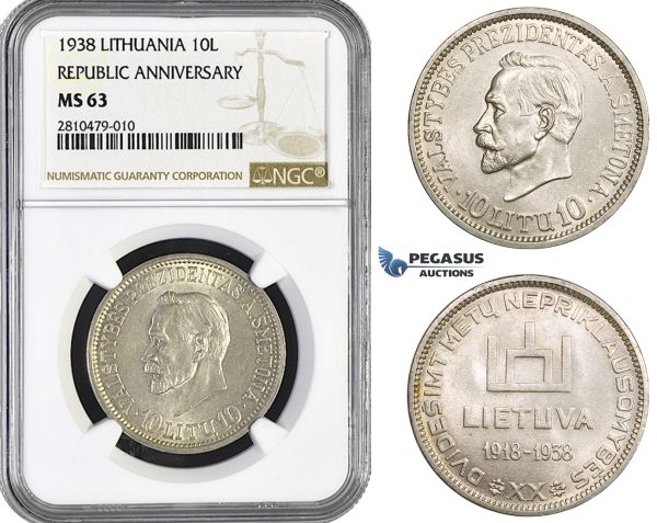 ZM755, Lithuania, Republic Anniversary, 10 Litu 1938, Silver, NGC MS63