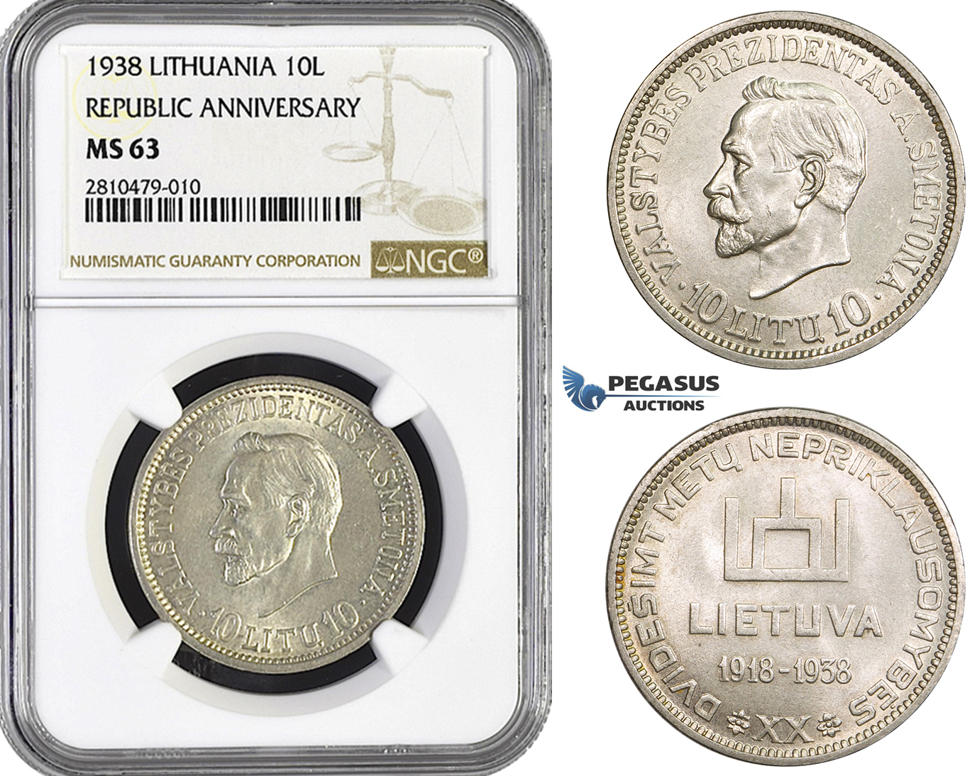ZM755, Lithuania, Republic Anniversary, 10 Litu 1938, Silver, NGC MS63