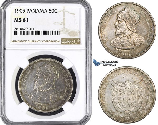 ZM757, Panama, 50 Centesimos 1905, Philadelphia, Silver, NGC MS61