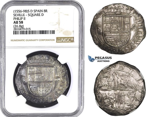 ZM764, Spain, Philip II, Cob 8 Reales ND (1556-98) S D, Seville, Silver (26.8g) NGC AU58