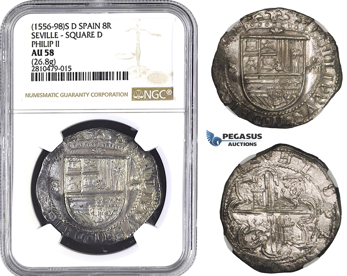 ZM764, Spain, Philip II, Cob 8 Reales ND (1556-98) S D, Seville, Silver (26.8g) NGC AU58