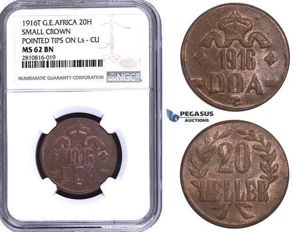 ZM815, German East Africa (DOA) 20 Heller 1916-T, Tabora, NGC MS62BN