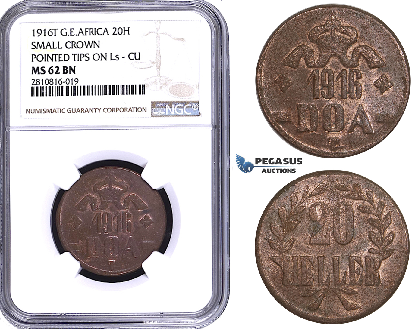 ZM815, German East Africa (DOA) 20 Heller 1916-T, Tabora, NGC MS62BN