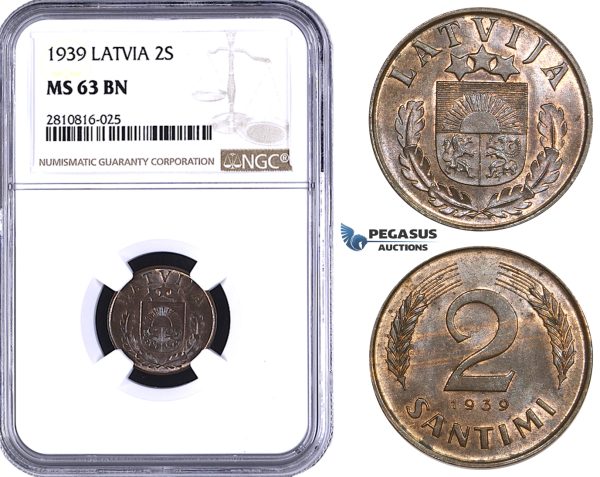 ZM818, Latvia, 2 Santimi 1939, NGC MS63BN