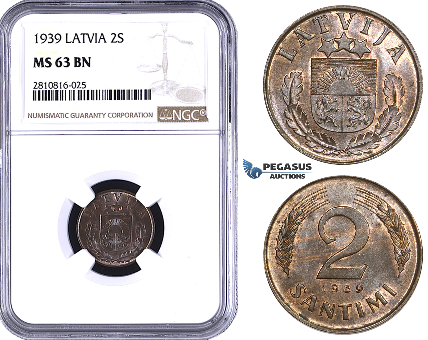 ZM818, Latvia, 2 Santimi 1939, NGC MS63BN