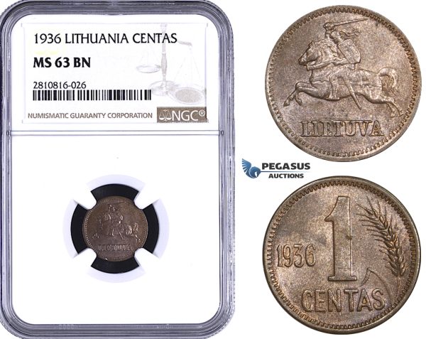 ZM819, Lithuania, 1 Centas 1936, NGC MS63BN