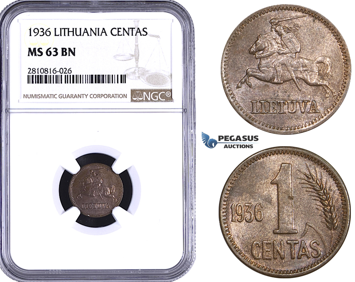 ZM819, Lithuania, 1 Centas 1936, NGC MS63BN