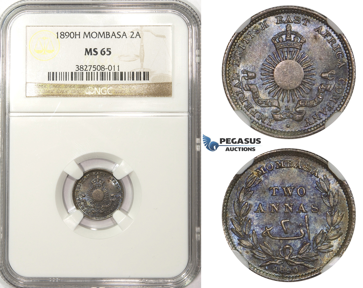 ZM82, Mombasa, 2 Annas 1890-H, Heaton, Silver, NGC MS65 (Violet toning)