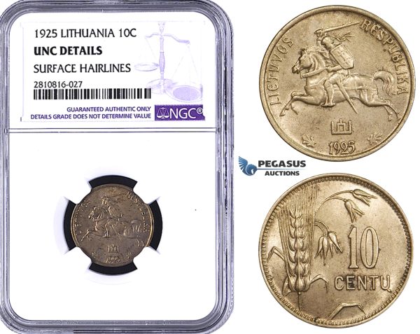 ZM820, Lithuania, 10 Centai 1925, NGC UNC Details