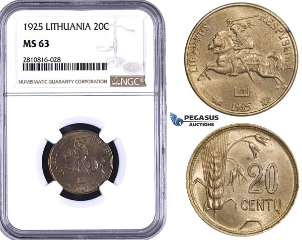 ZM821, Lithuania, 20 Centai 1925, NGC MS63
