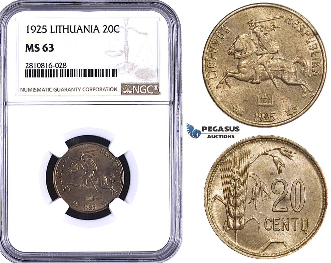 ZM821, Lithuania, 20 Centai 1925, NGC MS63