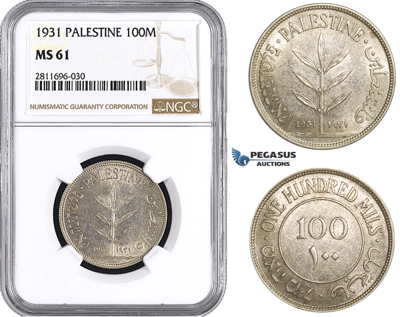 ZM920, Palestine, 100 Mils 1931, London, Silver, NGC MS61, Rare!