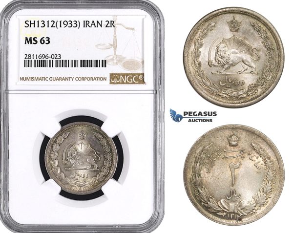 ZM940, Iran, Reza Shah, 2 Rials SH1312 (1933) Silver, NGC MS63