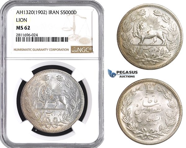 ZM941, Iran, Muzaffar al-Din Shah, 5000 Dinars AH1320 (1902) Silver, NGC MS62