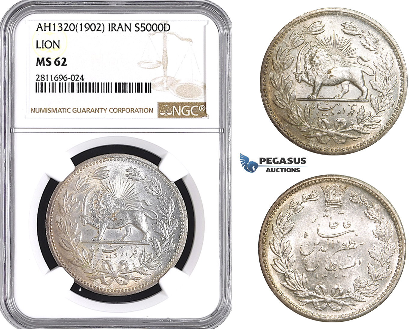 ZM941, Iran, Muzaffar al-Din Shah, 5000 Dinars AH1320 (1902) Silver, NGC MS62