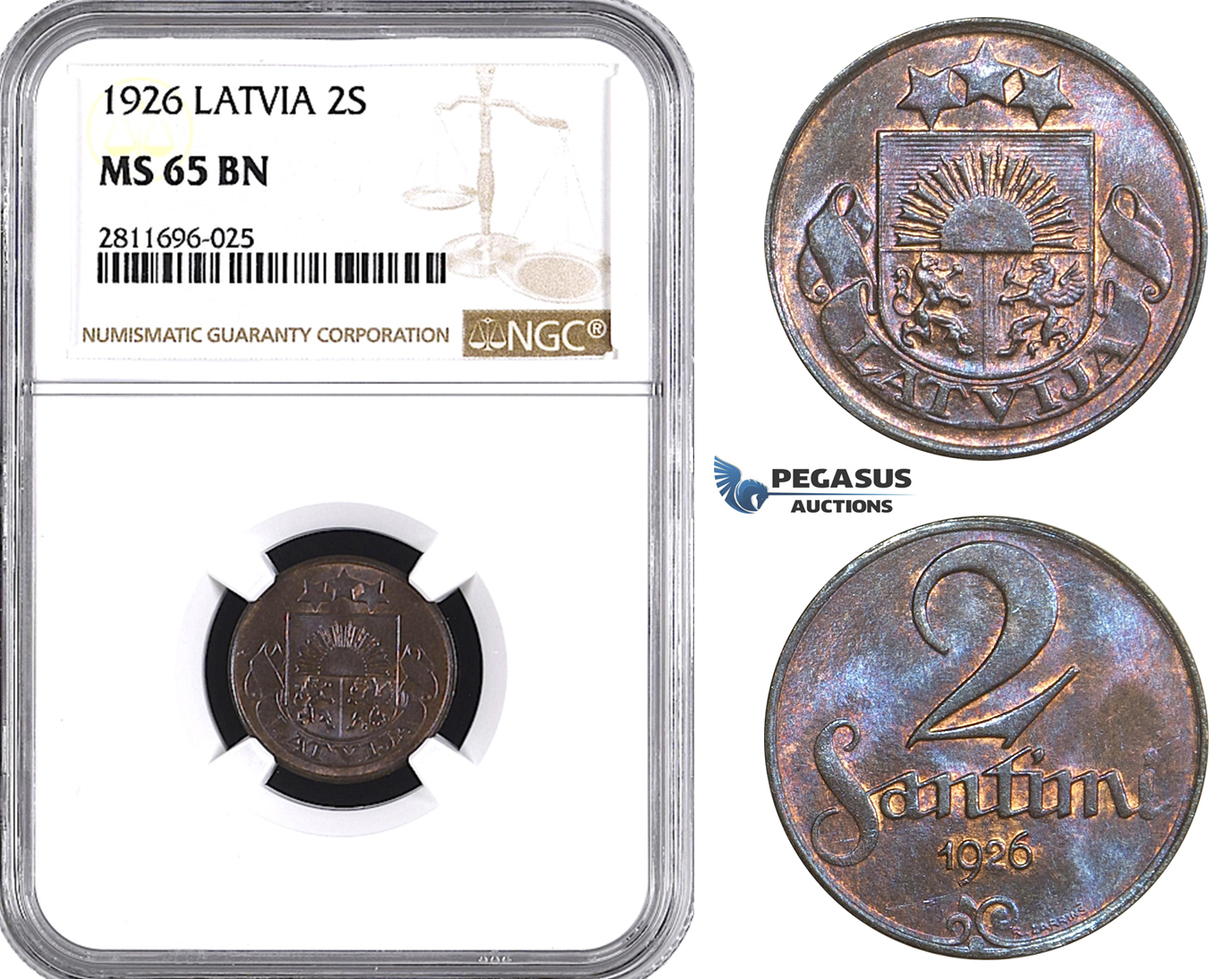 ZM942, Latvia, 2 Santimi 1926, NGC MS65BN, Pop 1/0