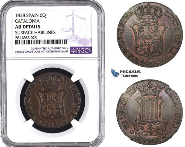 ZM991, Spain, Catalonia, 6 Cuartos 1838, NGC AU Details