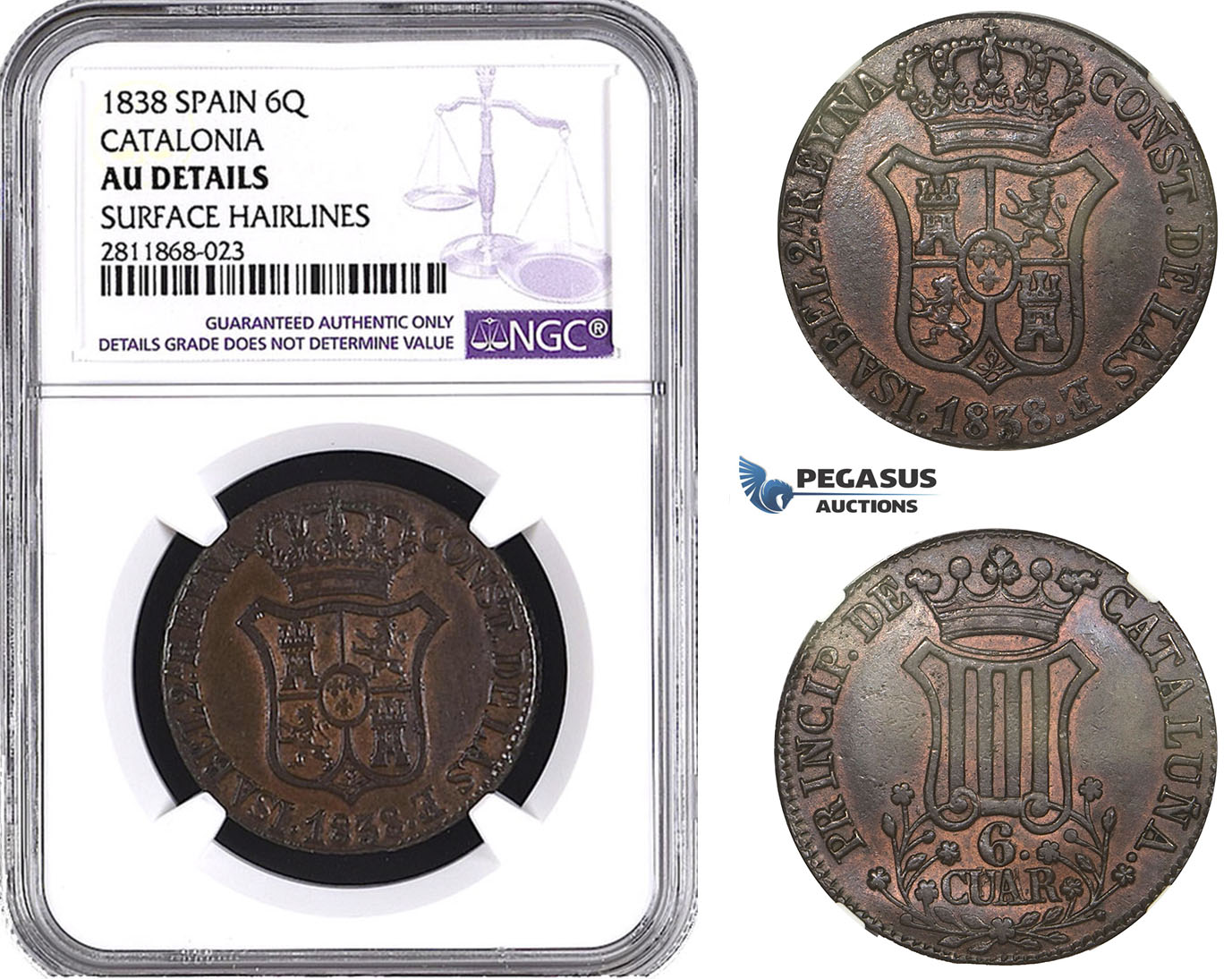 ZM991, Spain, Catalonia, 6 Cuartos 1838, NGC AU Details